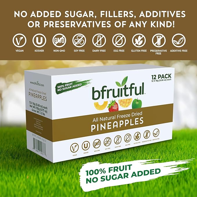bfruitful Freeze-Dried Pineapple, Freeze Dried Fresh Fruit Bites, Gluten Free, Vegan, Dairy Free