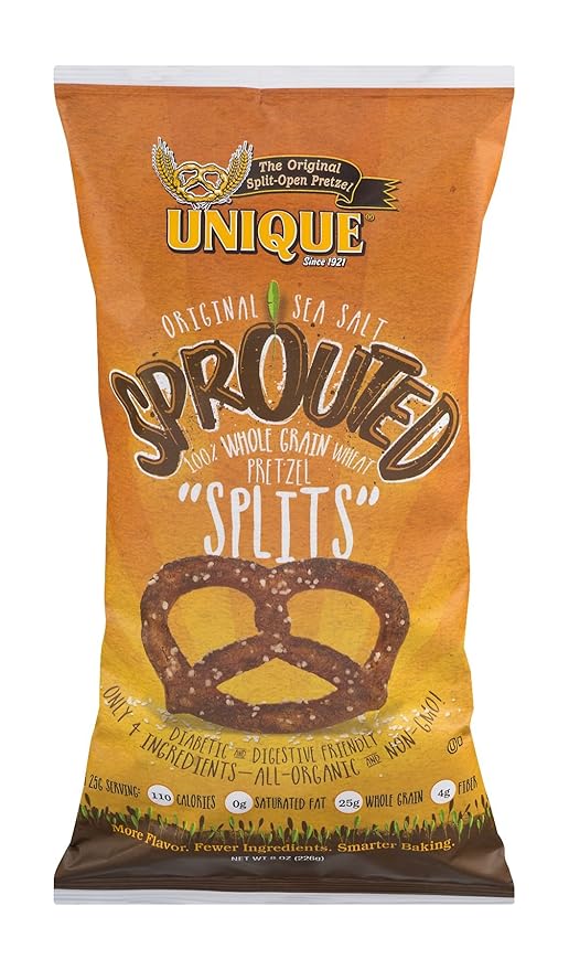 Unique Pretzels - Sprouted Splits Pretzels, Homestyle Baked, Certified OU Kosher and non-GMO, 8