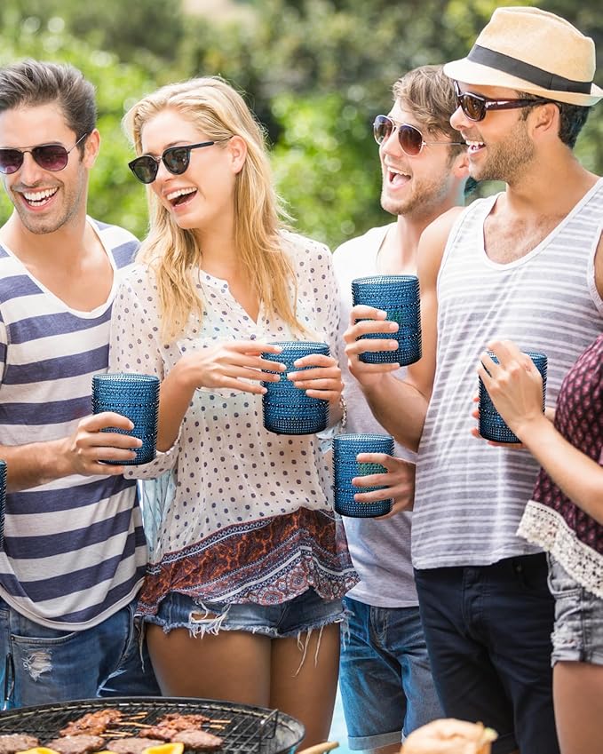 YOUBET 24PCS Plastic Drinking Glasses - 14OZ Blue Hobnail Drinkware Glasses - Vintage Glassware