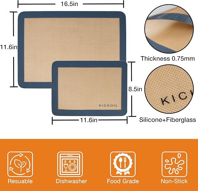 Silicone Baking Mat Large 3 Pack-2 Half Sheets+1 Small Quarter Sheet,Reusable Non Stick Food Safe