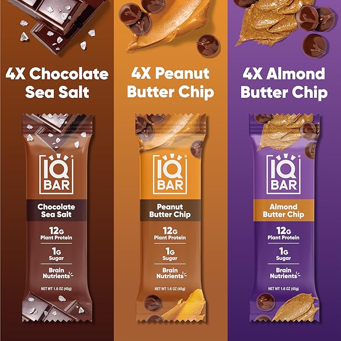IQBAR Brain and Body Plant Protein Bars - Chocolate Lovers Variety - 12-Count Low Carb - Gluten