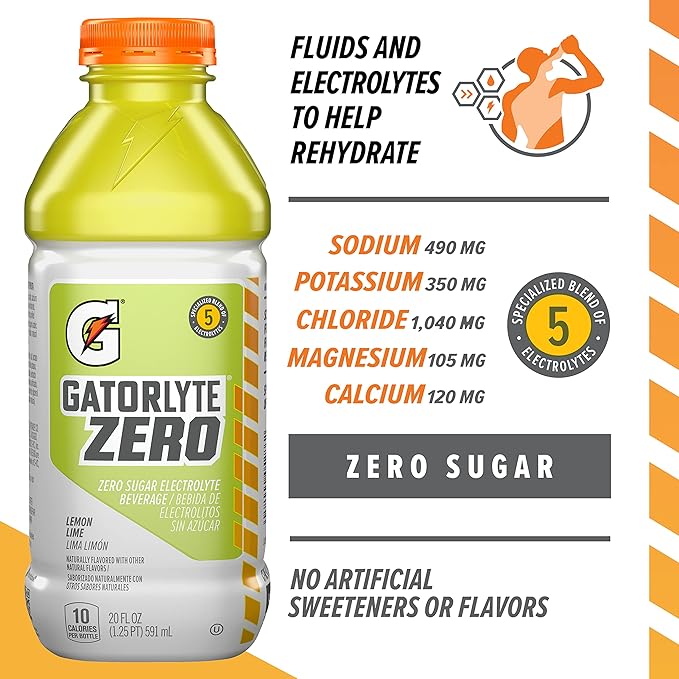 Gatorlyte Zero Electrolyte Beverage, Lemon Lime, Zero Sugar Hydration, Specialized Blend of 5