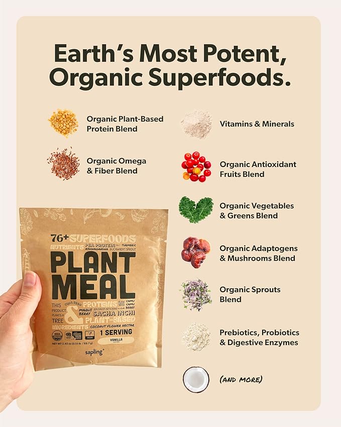 Plant Meal Replacement Shake - Vanilla - 25g of Plant Based Vegan Protein Powder, 76+ Organic