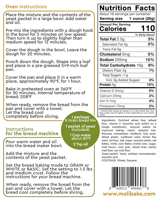 Molibake 8 Grain Bread Mix Pack of 4 - All-Natural Multigrain Baking Mix for Bread Machine and Oven