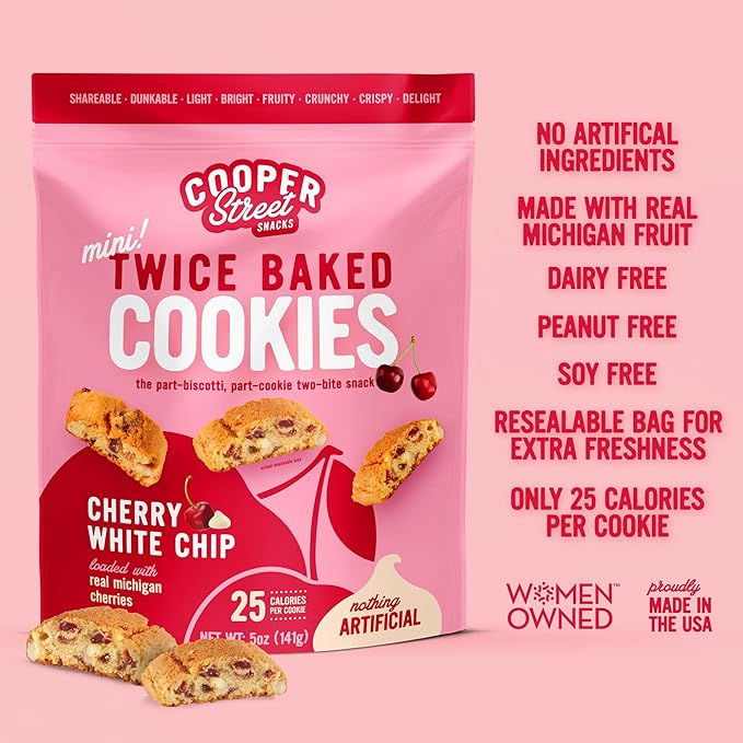 COOPER STREET Twice Baked Cherry White Chip Biscotti Cookies - Crispy Mini Biscotti Cookies Ideal