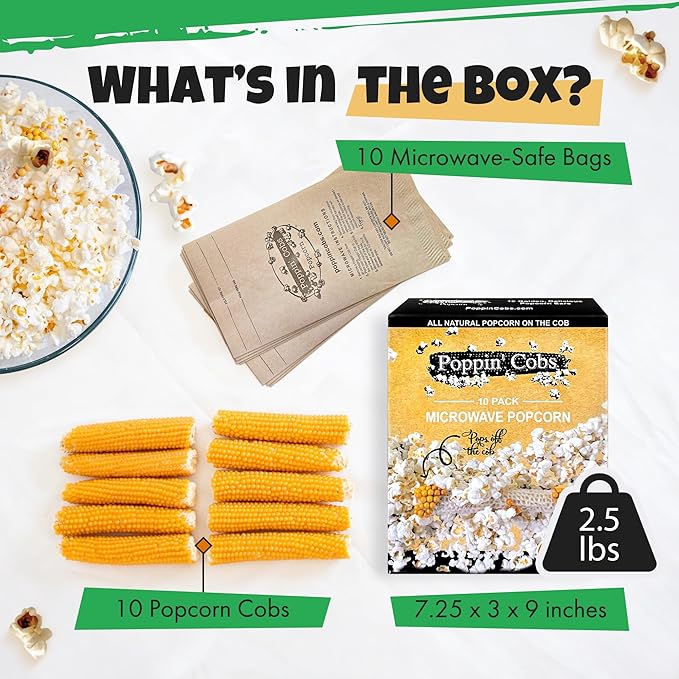 Poppin Cobs Microwave Popcorn on the Cob (10 PK) (Original) Whole Popcorn Kernels, Individually