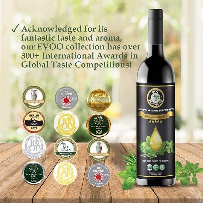M.G. PAPPAS High Polyphenol Tuscan Herb Infused Olive Oil Extra Virgin - Over 500mg/kg - Unfiltered