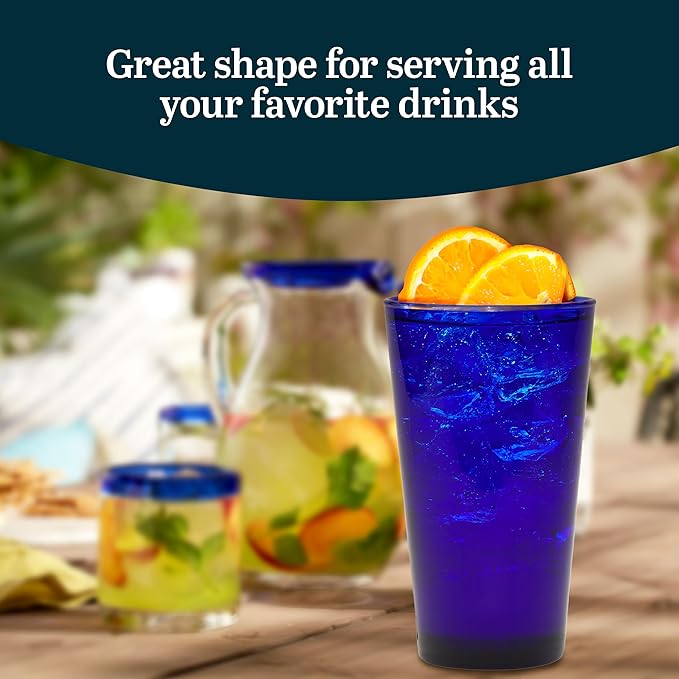 Libbey Cobalt Blue Drinking Glasses, Classic Design Flare Tumbler Glasses Set of 8, Dishwasher Safe