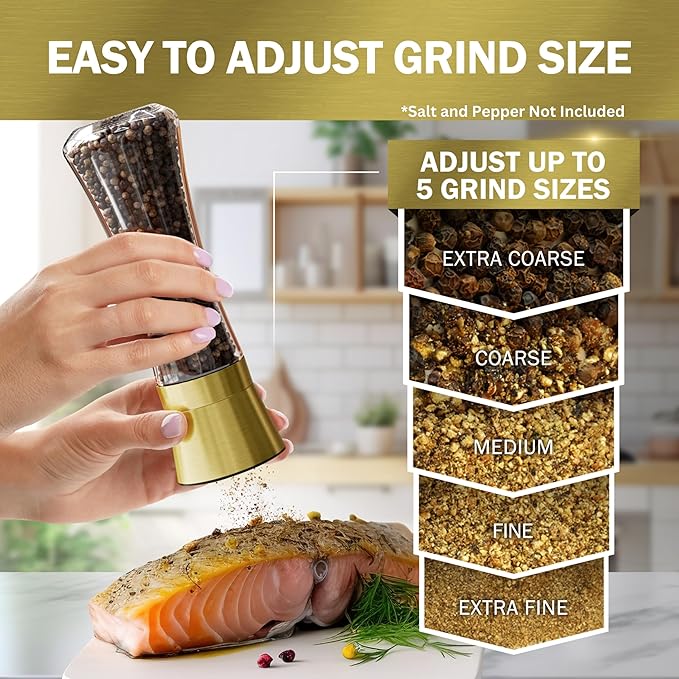 Home EC Original Gold Salt and Pepper Grinder Set of 2 - Adjustable Ceramic Grinder - Tall Glass