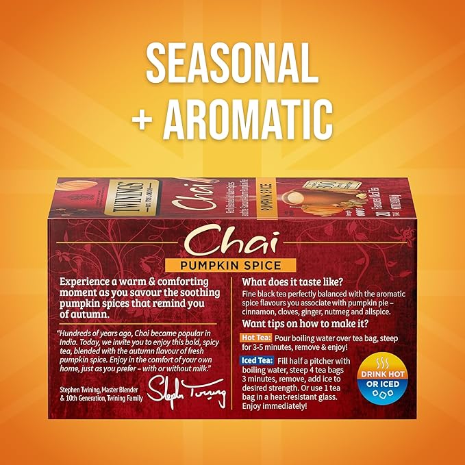 Twinings Pumpkin Spice Chai Black Tea Individually Wrapped Bags | 20 Count (Pack of 6), Warm, Spicy