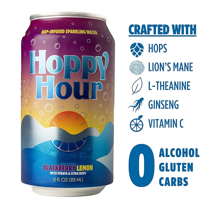 Hoppy Hour Sparkling Hop Water, Non-Alcoholic and Adaptogens Drink, Zero Sugar and Calories