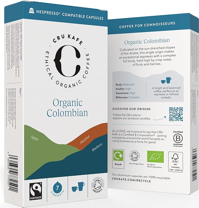 Cru Kafe Colombian USDA Organic Espresso Coffee Capsules (50 Pods) Fairtrade Coffee Pods Compatible