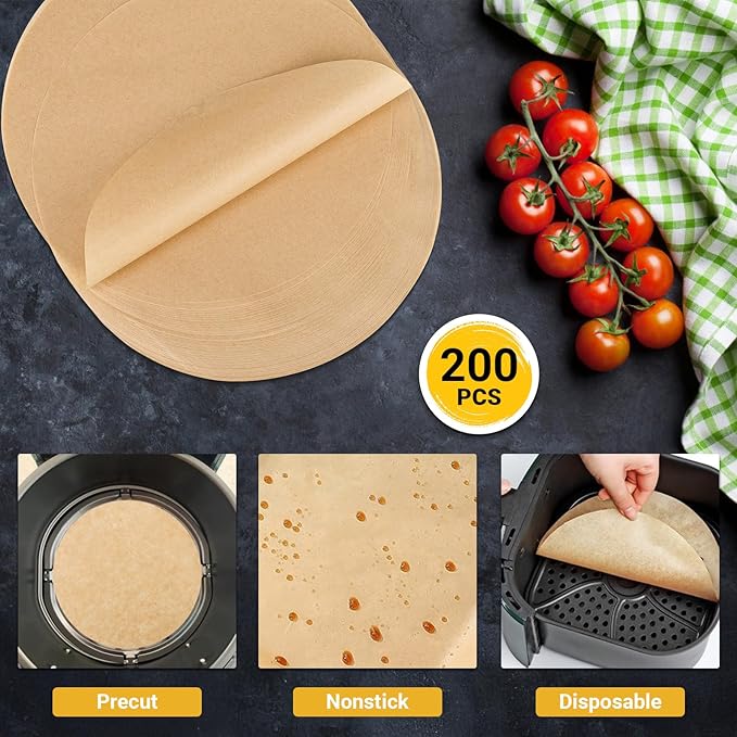 Beasea Air Fryer Parchment Paper 8 Inch, 200pcs Round Unbleached Fryer Disposable Paper Liners Air