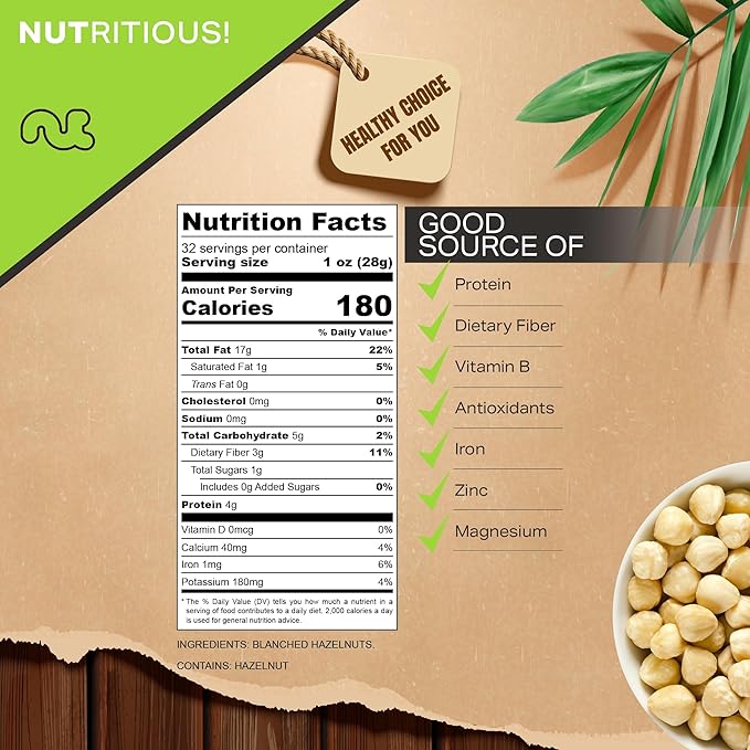 NUT CRAVINGS - Raw Blanched Hazelnuts Filberts - Unsalted, Shelled, (32oz - 2 LB) Bulk Nuts Packed