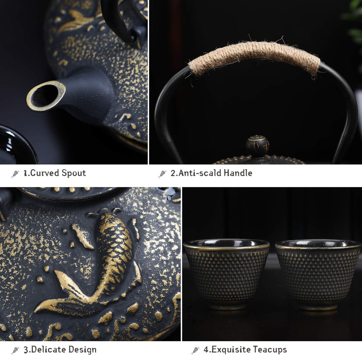 Ufine Koi Fish Cast Iron Teapot Set Stove Top 26 oz Tea Kettle with 4 Cups