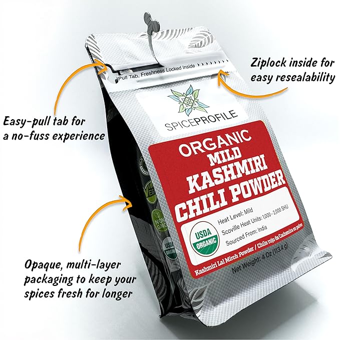 Spice Profile USDA Organic Low Heat Kashmiri Chili Powder, 4 oz, Lab Tested for Heavy Metals, Milder than Deggi Mirch Chilli, Chile rojo de Cachemira en polvo