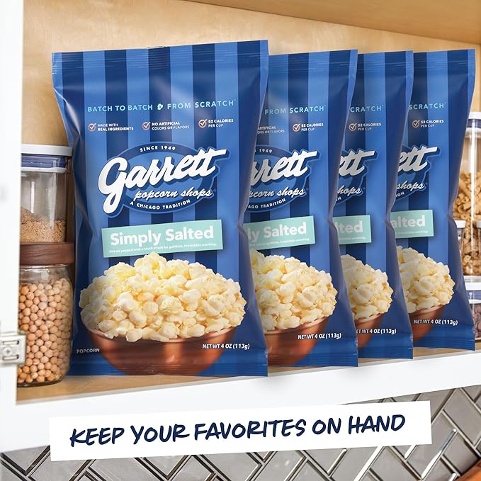 Garrett Popcorn Simply Salted, 4.0oz, 4 Bags, Light Salty Snack, Vegan, Gluten Free, Only 3