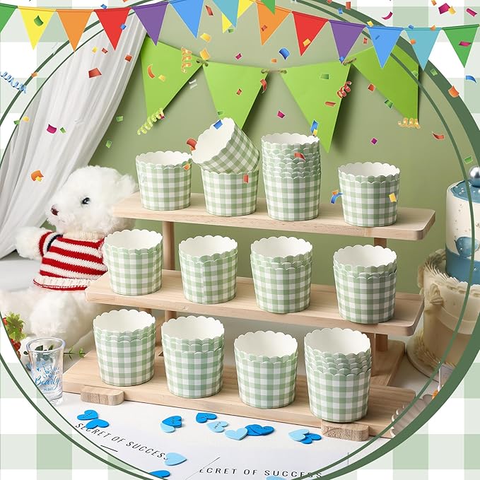 Vesici 150 Pcs Sage Green Gingham Ice Cream Cups 5oz Dessert Paper Bowls Gingham Scalloped Cupcake