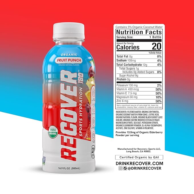 RECOVER 180 Organic Sports Hydration Drink, No Sugar Added, 20 Calorie Sports Beverage, Organic