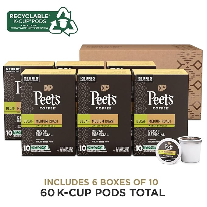 Peet's Coffee, Medium Roast Decaf Keurig K-Cup Pods - Decaf Especial 60 Count (6 Boxes of 10 K-Cup