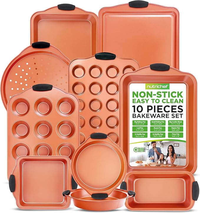 NutriChef 10-Piece Nonstick Baking Pan Set – Durable Carbon Steel Bakeware with Silicone Handles