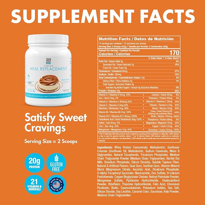 Yes You Can! Complete Meal Replacement - 15 Servings, 20g of Protein, 0g Added Sugars, 21 Vitamins