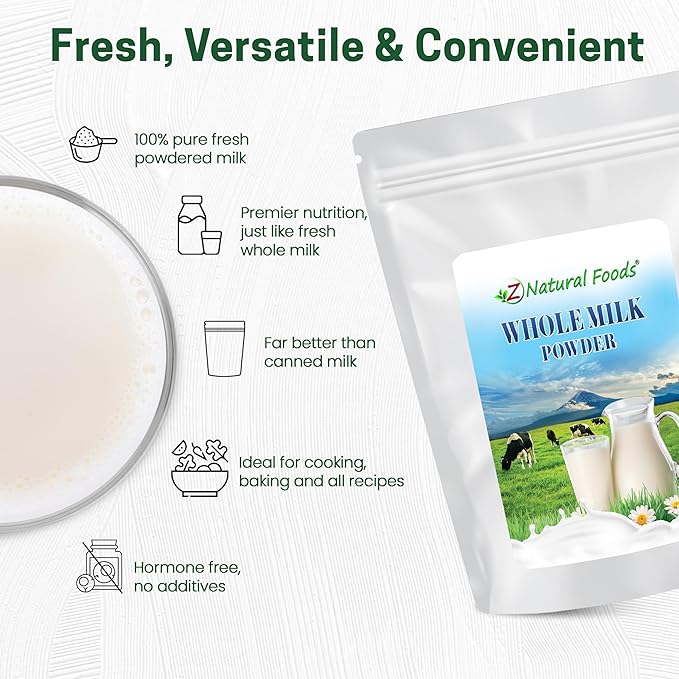 Z Natural Foods Premium Whole Milk Powder - Powdered Milk for Baking, Cooking, Drinks - Dry Milk