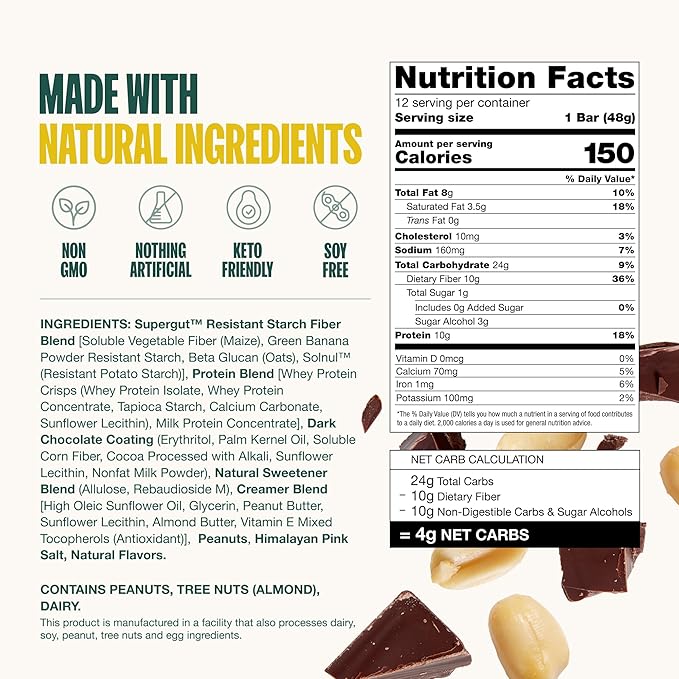 Supergut GLP-1 Boosting Prebiotic Bars, Peanut Butter Chocolate - Gut Healthy Protein Snacks &