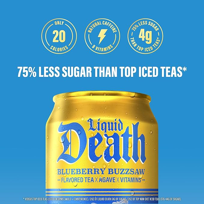 Liquid Death, Blueberry Buzzsaw Flavored Iced Tea, 12-Pack (12 oz Cans), Blueberry Flavored Black