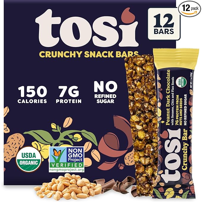 Tosi Peanut Dark Chocolate Protein Bars (8G) - Plant Based Healthy Snacks, Gluten-Free Crunchy