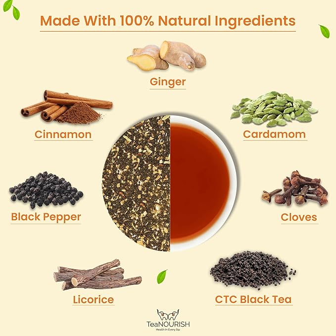 TeaNOURISH Ginger Masala Chai Tea | Assam CTC Loose Black Tea | Blended with Authentic Indian