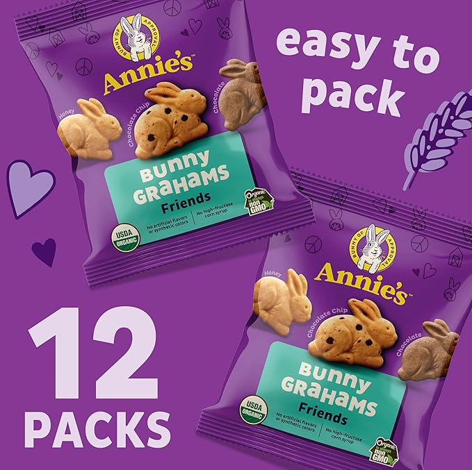 Annie's Organic Friends Bunny Grahams, Chocolate Chip, Chocolate, and Honey Baked Graham Snacks, 12