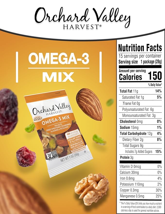 Orchard Valley Harvest Omega-3 Mix, 1 Ounce Bags (Pack of 15), Walnuts, Cranberries, Almonds, and