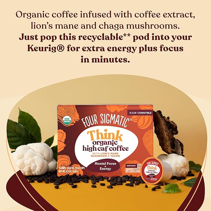 Four Sigmatic High Caffeine Mushroom Coffee K-Cups | Organic Dark Roast Coffee with Lion’s Mane &