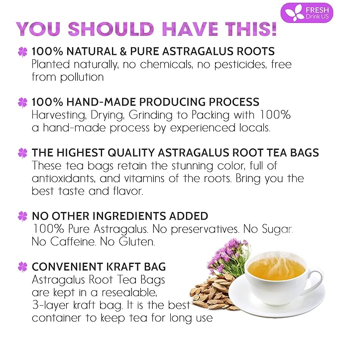 FreshDrinkUS Premium 55 Astragalus Root Tea Bags, 100% Natural & Pure. Astragalus Root Herbal Tea.