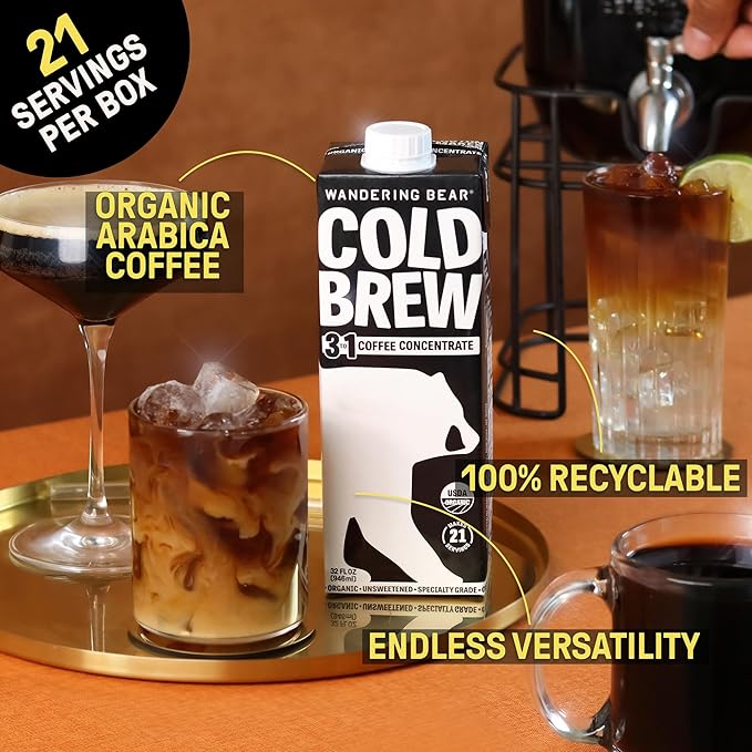 Wandering Bear Organic Unsweetened Extra Strong Cold Brew in a Box Coffee, Shelf-Stable, 21