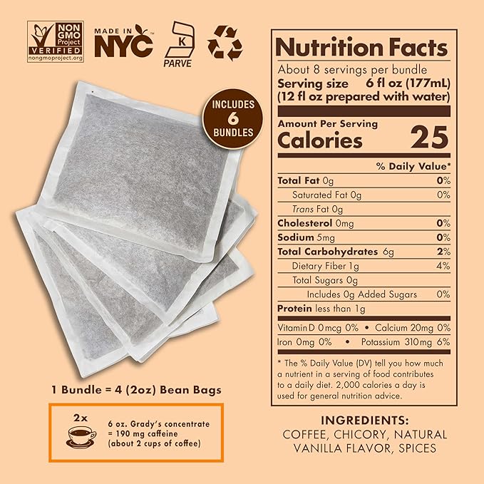 GRADY’S COLD BREW, French Vanilla, 100% Arabica Ground Coffee & Chicory Pouches | SIX Bundles of 4