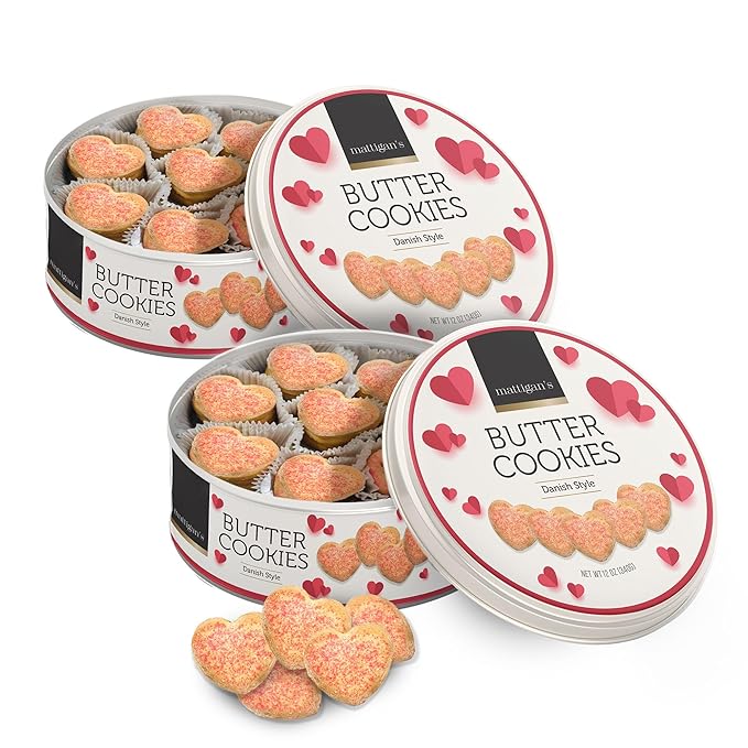 Mattigan's Pink Heart Butter Cookies Danish Style Cookie, 12 Oz Tin 2-Pack, Gourmet Gifts for