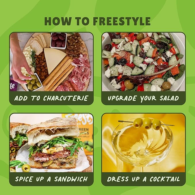 Freestyle Snacks Olive Snack Packs - Bulk Party Pack - Fresh Pitted Green Olives, Jumbo-Sized