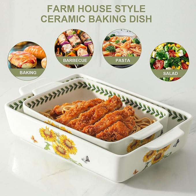 Ceramic Baking Casserole Dish with Handles, Large 8x13 inch & 6x10 inch Pan and Middle Baking Pan