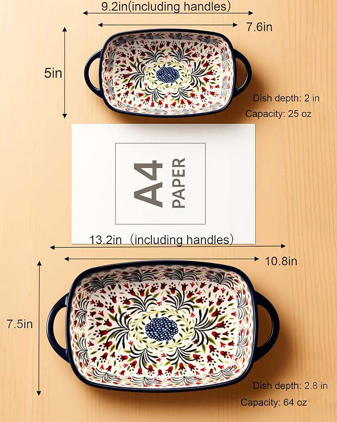 Ceramic Baking Dish Set of 2 ??Decorative Polish Pottery Style Casserole Dishes with Handles, Cute