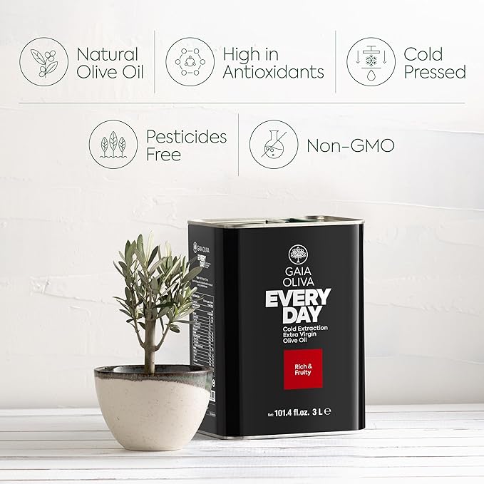 Gaia Oliva Everyday Extra Virgin Olive Oil, Cold Pressed, Single Origin, Kosher, Delicate, Smooth