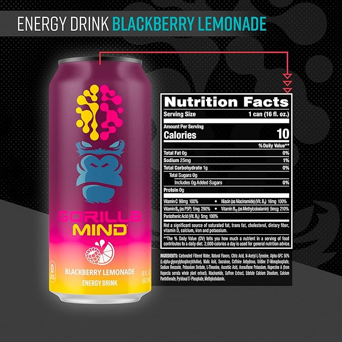 Gorilla Mind Energy Drink | Unmatched Energy · Amplified Focus | N-Acetyl-L-Tyrosine, Alpha-GPC