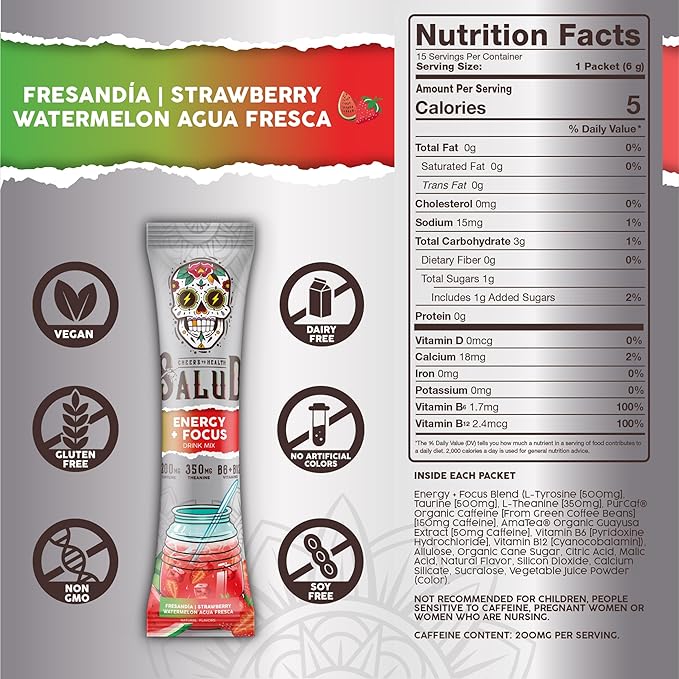 Salud 2-in-1 Energy Drink Powder + Focus, Strawberry Watermelon, Organic Caffeine, B6 + B12