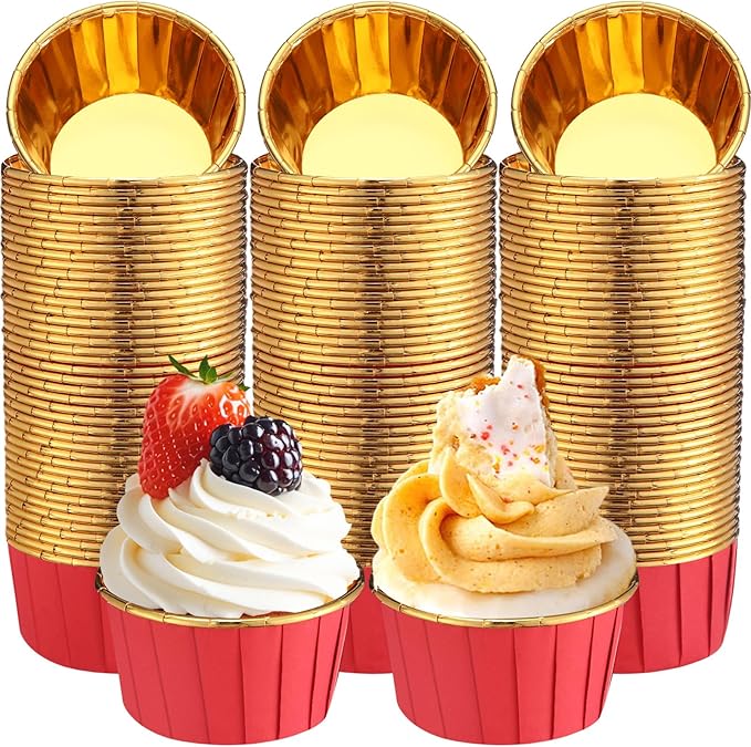 300 Pack Red Gold Cupcake Cups Bulk Disposable Foil Muffin Liners 3.5 oz Wrappers for Baking