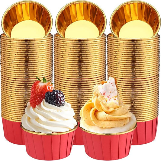 300 Pack Red Gold Cupcake Cups Bulk Disposable Foil Muffin Liners 3.5 oz Wrappers for Baking