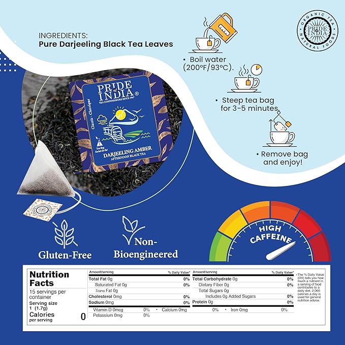 Pride of India | Darjeeling Amber: Afternoon Black Tea | 15 Pyramid Full Leaf Individually Wrapped
