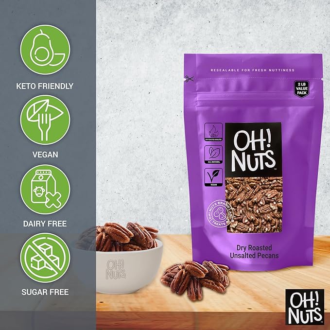 Oh! Nuts Pecans Dry Roasted Unsalted - Kosher, Oil-Free, All Natural Pecans - For Baking, Snacks