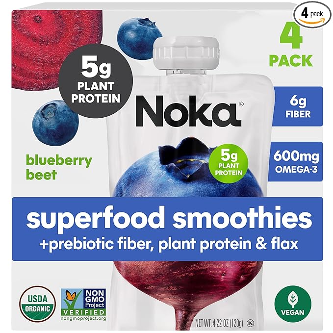 Noka Superfood Smoothie Pouches (Blueberry Beet) 4 Pack, with Plant Protein, Prebiotic Fiber & Flax