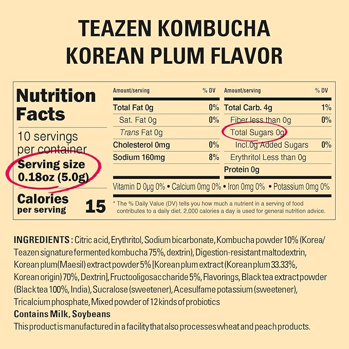 TEAZEN Kombucha Tea, Japanese Apricot Flavor, Zero Sugar, Sparkling Fermented Powdered Mix Beverage